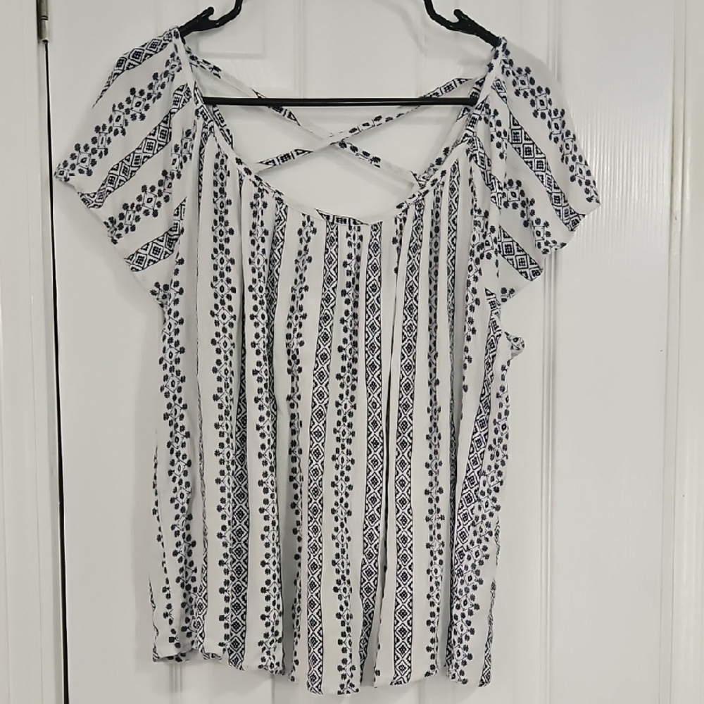 Torrid Relaxed Navy and White CrissCross Back Blouse